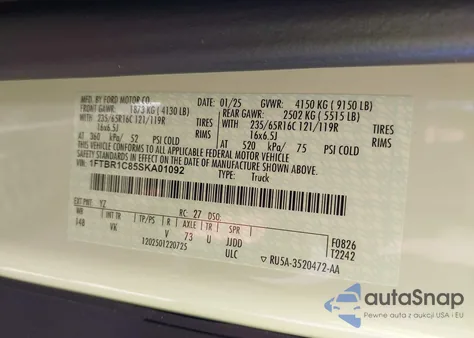 2025 Ford Transit-250 z USA, uszkodzony, nr VIN 1FTBR1C85SKA01092